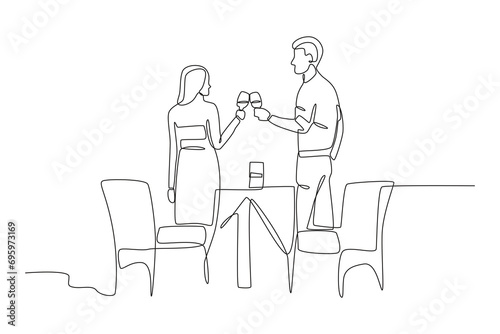 Lovers cheer a glass of alcohol. Candle light dinner one-line drawing
