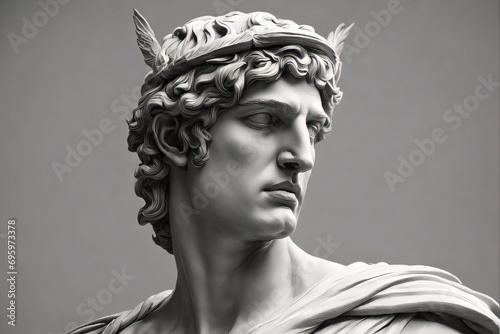 Portrait of a plaster statue of Apollo isolated on black. Gypsum statue of Apollo's bust. Greek god statue. Male statue of a Roman deity, muscular Apollo in Olympus. photo