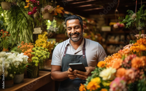 indian man managing flower at shop with digital tablet