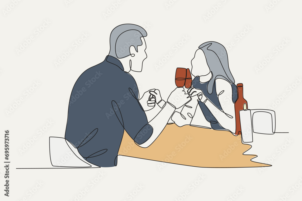 Color illustration of a couple having dinner. Candle light dinner one-line drawing