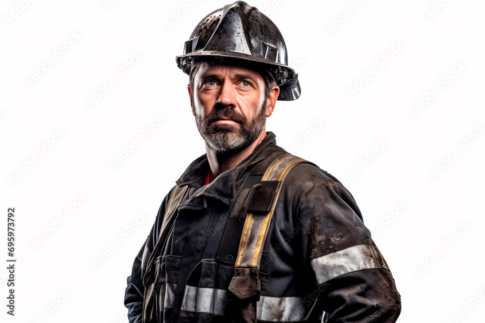 Miner in work clothes and protective helmet standing near pieces of coal on a white background, symbolizing the mining industry. Miner in work clothes and protective helmet standing near pieces of coal on a white background, symbolizing the mining industry.