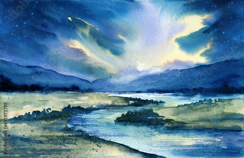 Watercolor illustration of a landscape with a river meandering through a valley with distant hills and a sunset sky (This illustration was drawn by hand without the use of generative AI!)