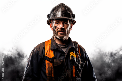Miner in work clothes and protective helmet standing near pieces of coal on a white background, symbolizing the mining industry. 