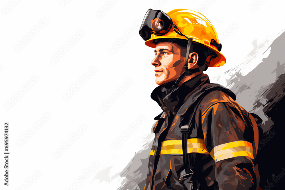 Vector illustration: Miner in work clothes and protective helmet standing near coal against a white background, emphasizing the mining industry. Vector illustration: Miner in work clothes and protective helmet standing near coal against a white background, emphasizing the mining industry.