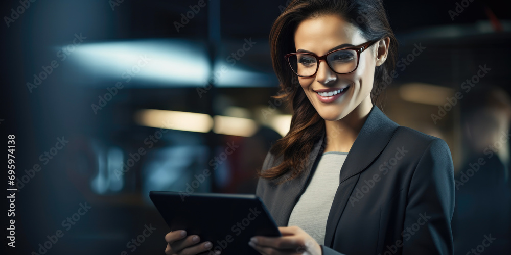 Digital Delight: Happy Businesswoman Holding Tablet