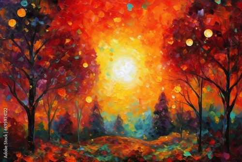 Abstract Autumn Forest: Vibrant Sunset Amidst the Trees