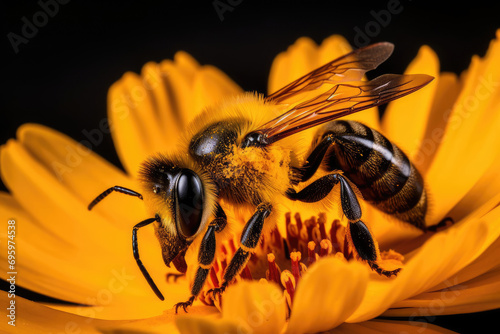 Macro close up of the bee collecting nectar of the yellow flower