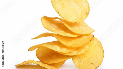 Chips de pomme de terre croustillante sur un fond blanc. Nourriture, gras, casse-croûte. Pour conception et création graphique.