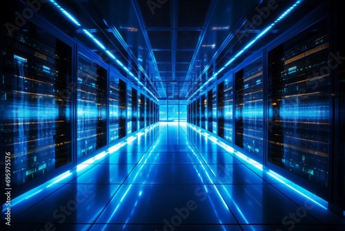 Modern data center with state of the art server racks emitting a mesmerizing soft blue glow