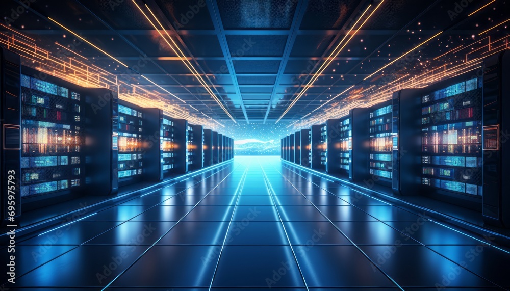 Captivating depiction of a modern data center with advanced server racks emitting a serene blue glow Captivating depiction of a modern data center with advanced server racks emitting a serene blue glow
