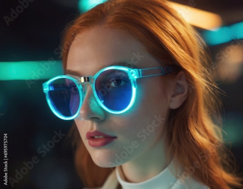 Beautiful Young ginger Woman wearing futuristic glowing neon cast translucent glasses