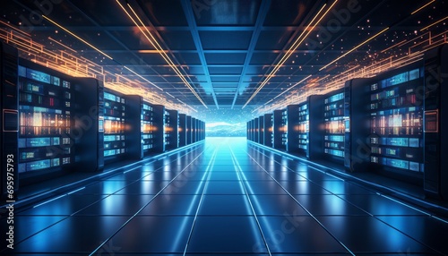 Captivating depiction of a modern data center with advanced server racks emitting a serene blue glow © Ilja