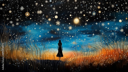 Ethereal Dreamscape: Feminine Silhouette Amidst Golden Twilight and Stars photo