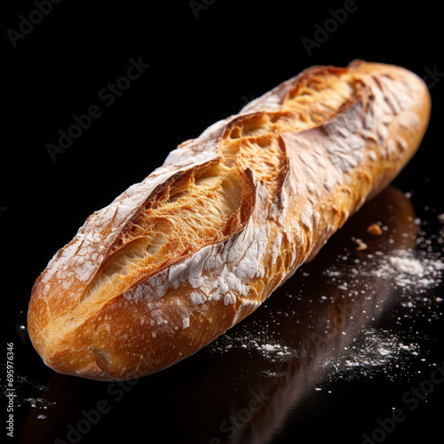 Fotografia con detalle y textura de apetitosa barra de pan rustica, sobre fondo de tonos oscuros