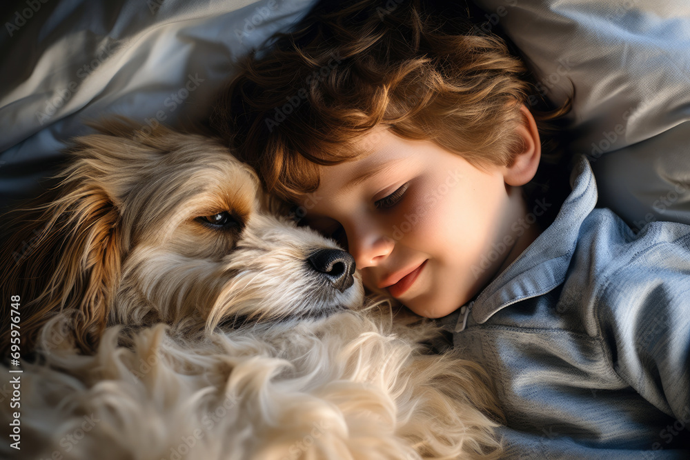 Dreamy Duo. Cute Child and Beloved Pet Dog Relaxing in Bed Dreamy Duo. Cute Child and Beloved Pet Dog Relaxing in Bed