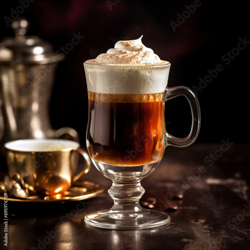 Fotografia con detalle de copa de cristal con cafe irlandes, con cafe, whisky y nata