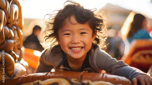 Joyful Asian Kids on Inflatable Bounce House - Happy Asian Boy and Girl Enjoying Playtime Fun. photo