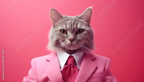 Fashion Icon Cat on Pink Backdrop. Cat fashion icon poses against a vibrant pink background, in a stylish pink suit.
