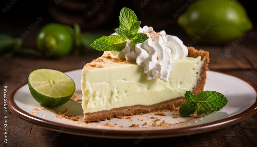 Irresistibly tangy and creamy key lime pie on a rustic wooden background, perfect for a summer treat Irresistibly tangy and creamy key lime pie on a rustic wooden background, perfect for a summer treat