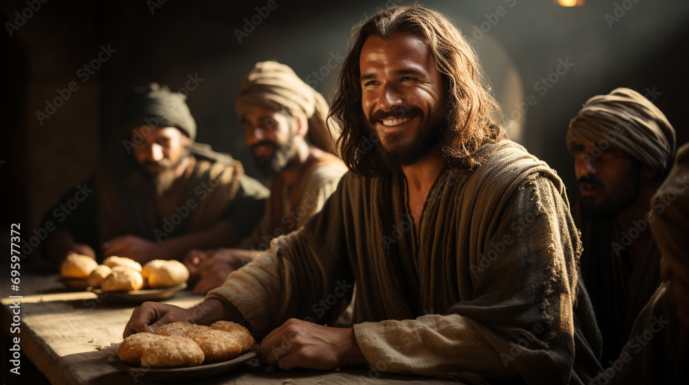 The multiplication of loaves by Jesus Christ. Christian illustration of the Gospel. Religious plot