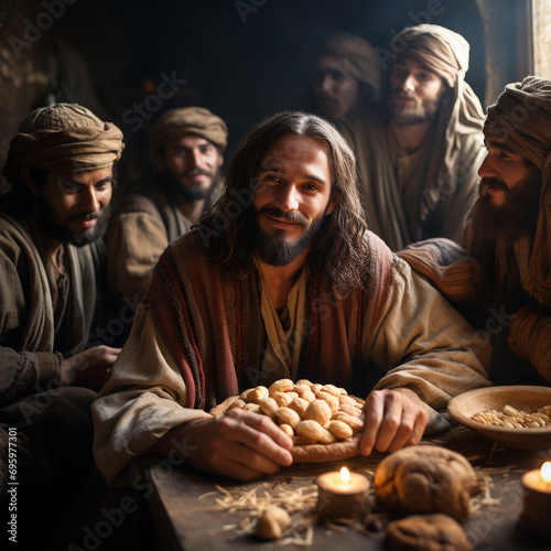The conversation of Jesus Christ with the disciples, the meal. Christian illustration of the Gospel, sermon. Religious plot photo
