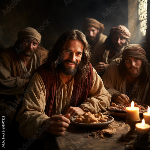 The conversation of Jesus Christ with the disciples  the meal. Christian illustration of the Gospel  sermon. Religious plot