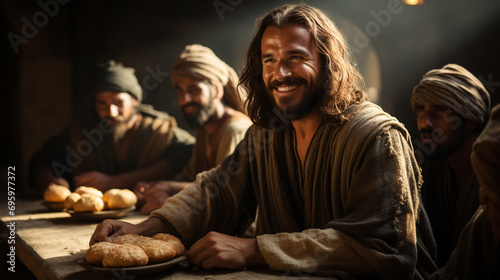 The multiplication of loaves by Jesus Christ. Christian illustration of the Gospel. Religious plot photo