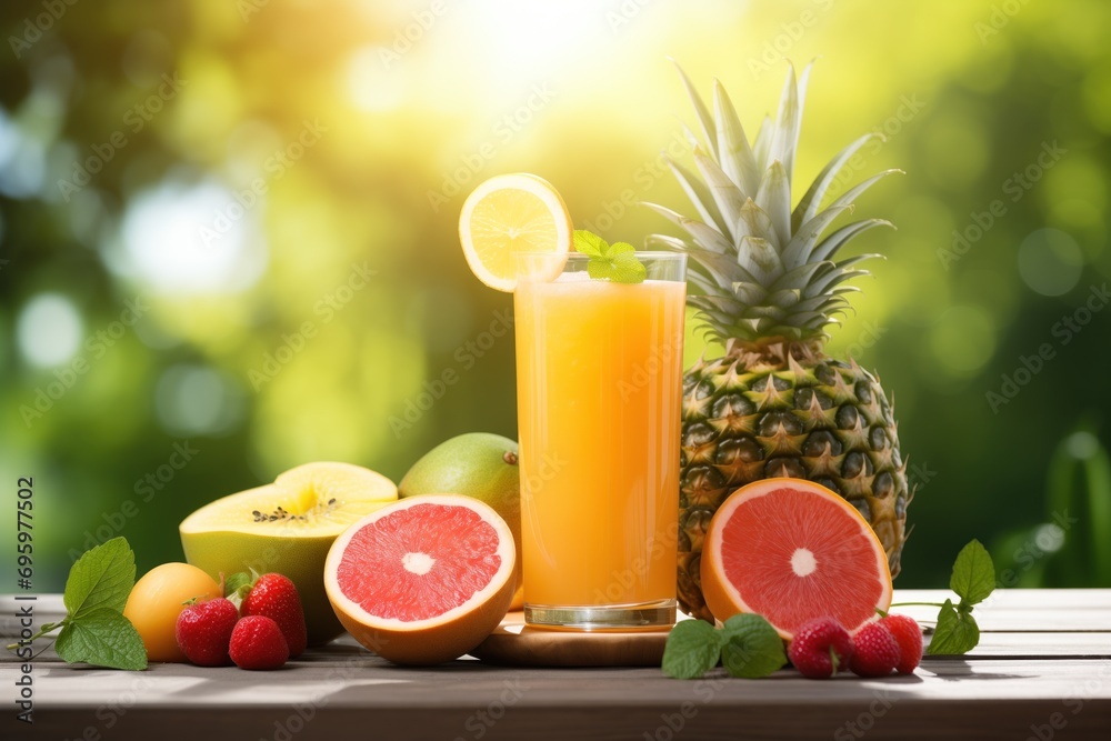 fresh fruit juice and various fruits