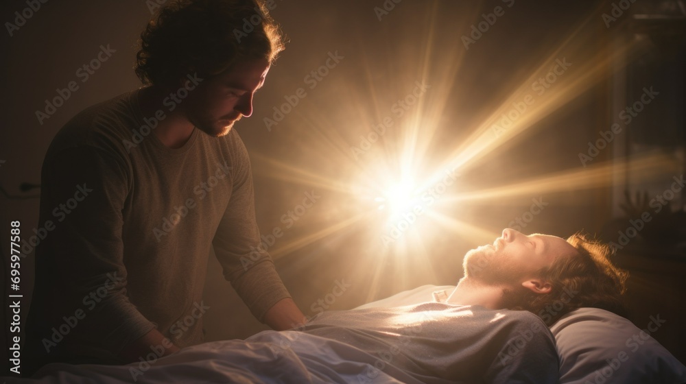 Healing Power of an Angel in Mystical Light. angel healing a man lying in white bed in the rays of light, embodying the powerful serenity of divine intervention. Healing Power of an Angel in Mystical Light. angel healing a man lying in white bed in the rays of light, embodying the powerful serenity of divine intervention.