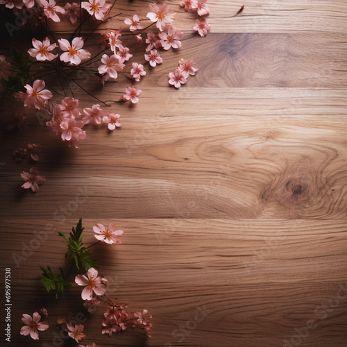 Fondo con detalle y textura de superficie de madera de tonos calidos, con varios flores de tonos rosados