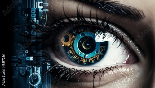 Close up of futuristic technology eye with digital business concepts and electronic integration