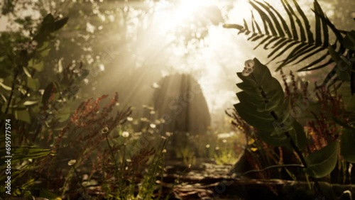 Triceratops Dinosaur Walking In The Sunny Forest, Sun Rays Through The Forest