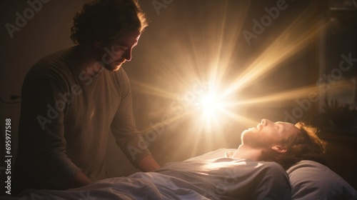 Healing Power of an Angel in Mystical Light. angel healing a man lying in white bed in the rays of light, embodying the powerful serenity of divine intervention.
