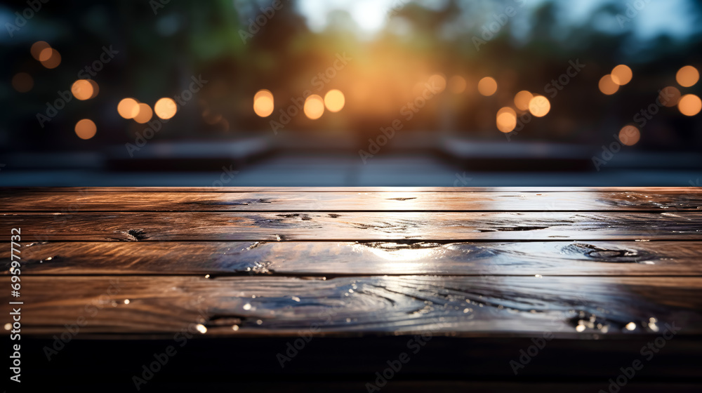 Surface of a wooden table on a blurred nature background with bokeh.