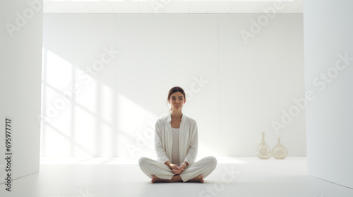 Concept of Digital Detox. Woman in Serene White Room. A woman stands in a sparse white room, symbolizing the concept of digital detox and disconnection for mental clarity.