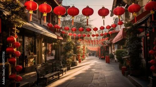 Festive Lunar New Year street scene, decorated with red lanterns, banners, and traditional ornaments. Traditional Chinese Street Decorated for Lunar New Year