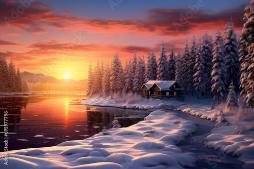 A realistic image of a winter landscape, with snow-covered trees, a frozen lake, and a cozy cabin in the distance. Generative AI