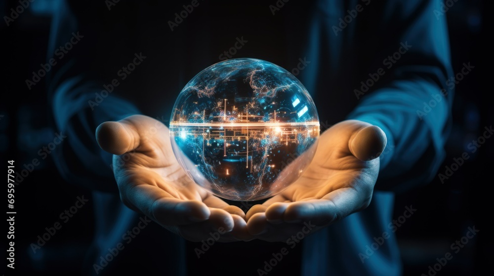 Ethical AI Development and Use. Balance of technology and humanity in ethical AI development. Human hands holding transparent, glowing orb representing an AI brain - obrazy, fototapety, plakaty 
