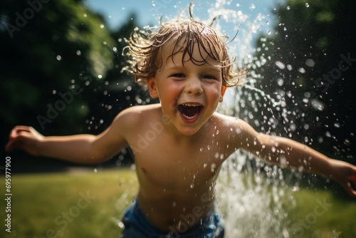A realistic image of a young child running through a sprinkler on a hot summer day  with water droplets flying all around. Generative AI