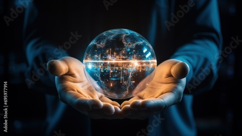 Ethical AI Development and Use. Balance of technology and humanity in ethical AI development. Human hands holding transparent, glowing orb representing an AI brain photo