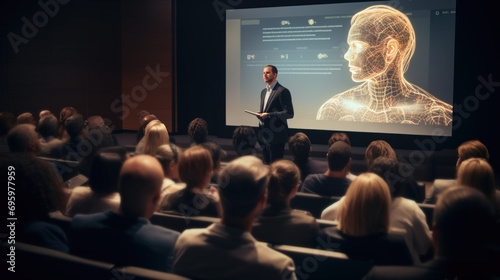 AI ethics expert speaker giving a lecture to a diverse audience. Key ethical AI concepts like data privacy, unbiased algorithms, and human-centered design. photo