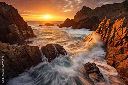 Capture the beauty of a rugged coastline at sunset. Use a Sony α7 III camera with a 100mm lens and F 1.2 aperture setting to isolate the subject and create a dreamlike atmosphere. Generative AI