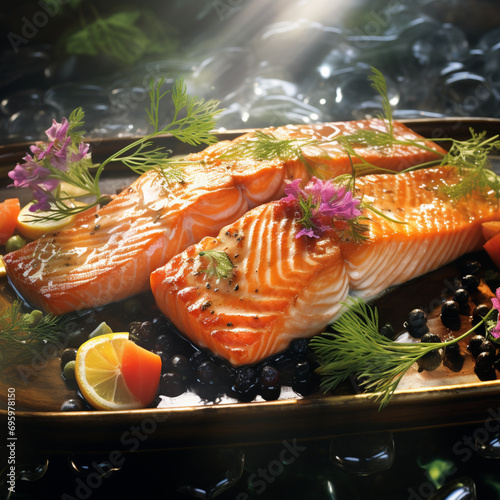 Fotografia con detalle de trozos de salmon a la plancha con aderezo photo