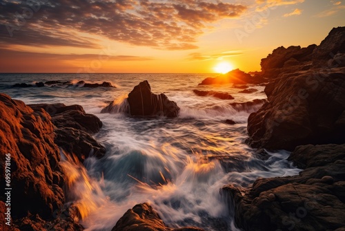 Capture the beauty of a rugged coastline at sunset. Use a Sony   7 III camera with a 100mm lens and F 1.2 aperture setting to isolate the subject and create a dreamlike atmosphere. Generative AI