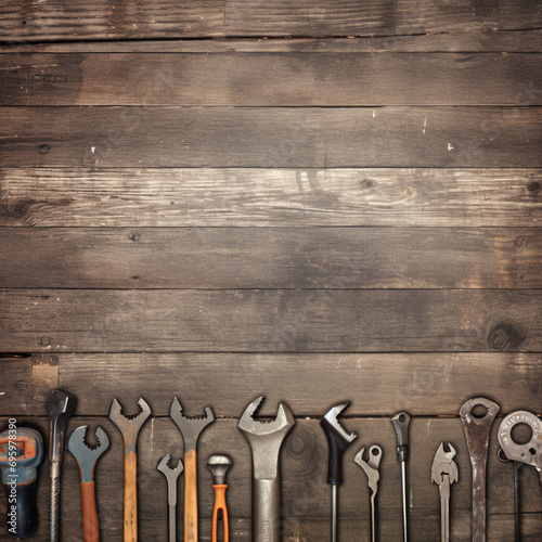 various ratchet wrenches and other tools laid out on a wooden background