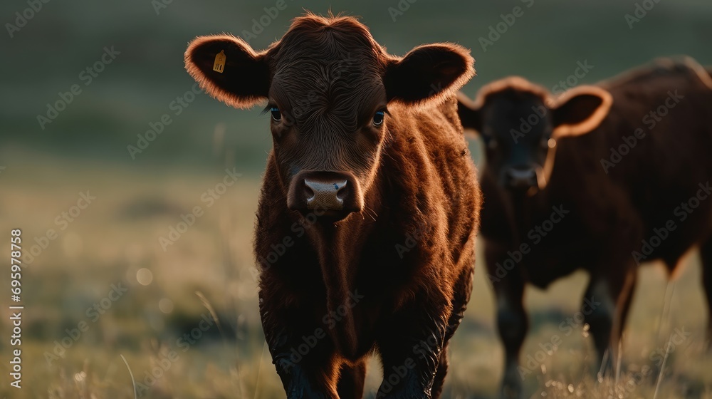 Illustration of a red cow in the wild looking for grass to eat Illustration of a red cow in the wild looking for grass to eat