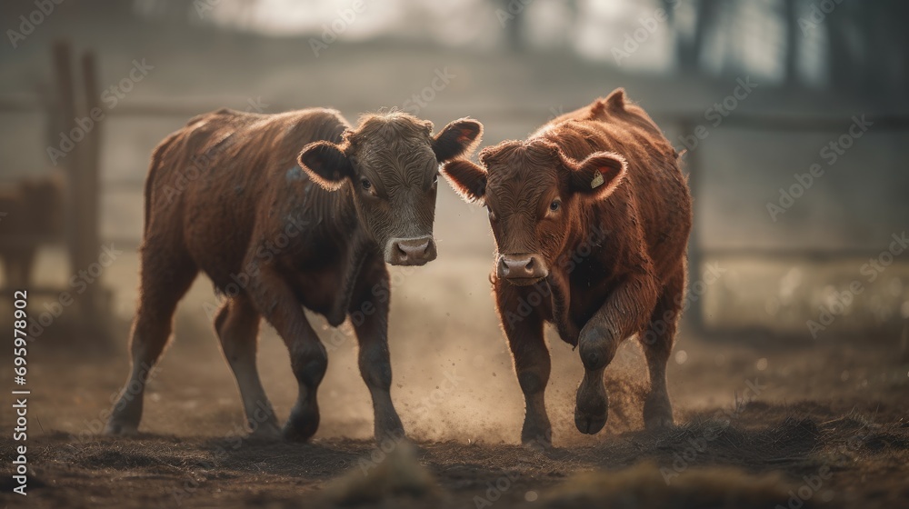 Mother Cow with Her Calf: A Heartwarming Countryside Scene in a Sunlit Field Mother Cow with Her Calf: A Heartwarming Countryside Scene in a Sunlit Field
