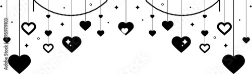 Black heart icons set. Valentine's day decoration. Valentine's day seamless banner or border. Hanging hearts seamless border. Hearts garland.