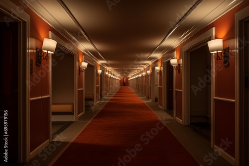 Carpeted Interior long hotel corridor. Wall door floor. Generate Ai