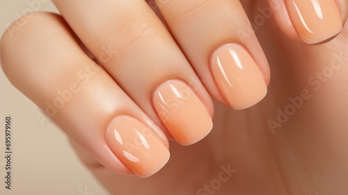 Elegant Manicured Female Hand Close-up. Close-up view of a womans hand with elegant nude Peach Fuzz manicure, showcasing clean beauty and nail care. photo